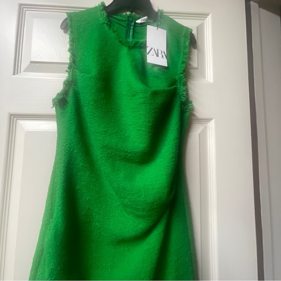 Zara Green Long Texture Fringe Weave Tweed Midi Pencil Bodycon Dress Size Medium - Picture 4 of 8